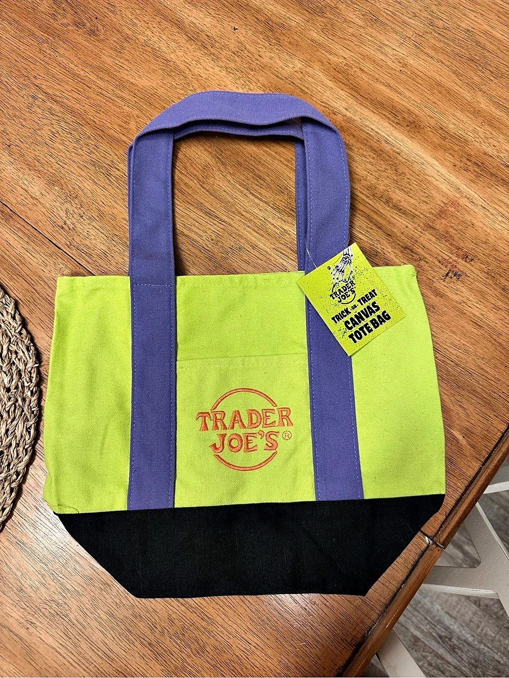 Trader Joe's Trick-or-Treat Mini Canvas Tote Bag Green & Purple